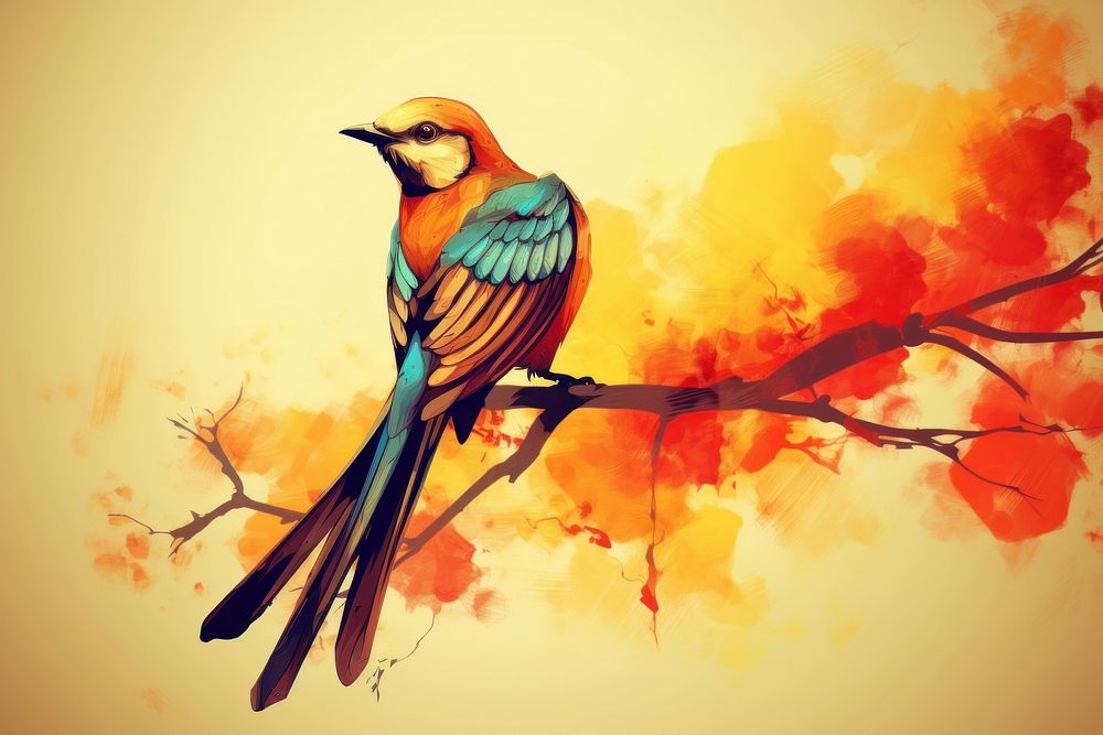 Exotic bird on tree branch with leaves and sun on light beige background painting animal creativity.