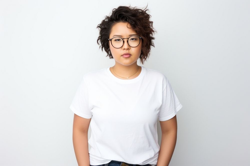 Woman in white t-shirt glasses portrait sleeve.