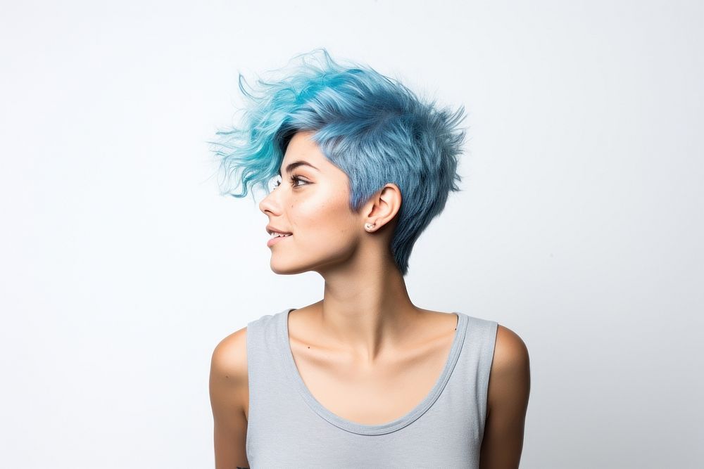 Woman in white t-shirt adult blue hair.