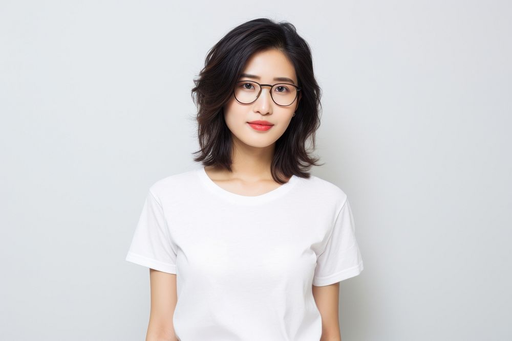 Woman in white t-shirt portrait glasses sleeve.