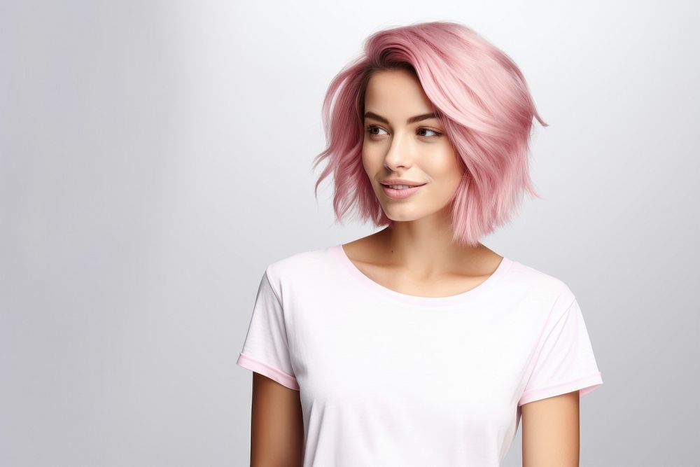 Woman in white t-shirt adult pink hair.