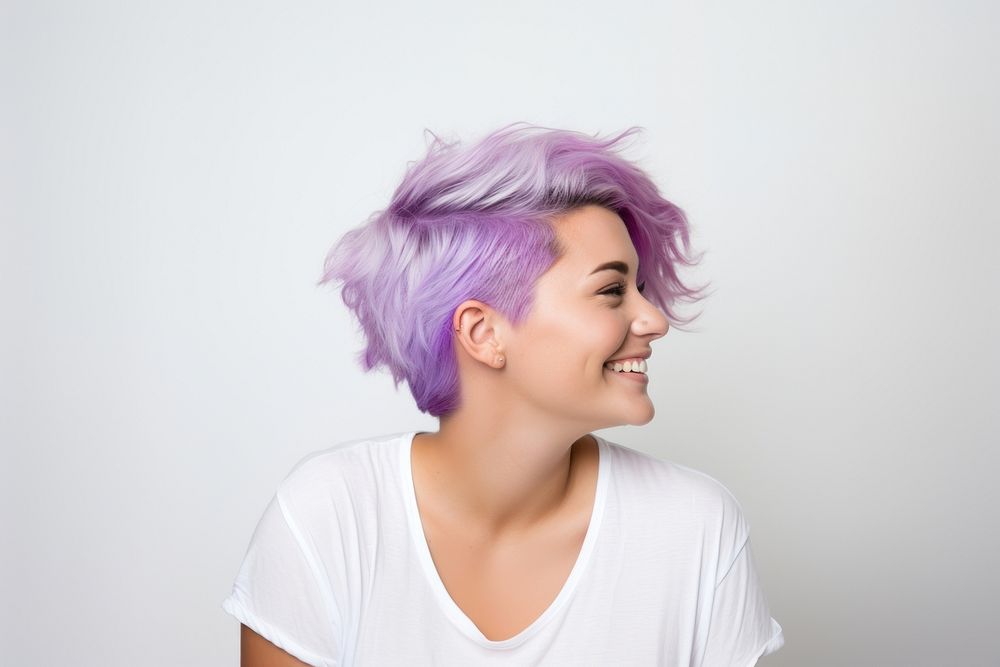 Woman in white t-shirt purple adult hair.