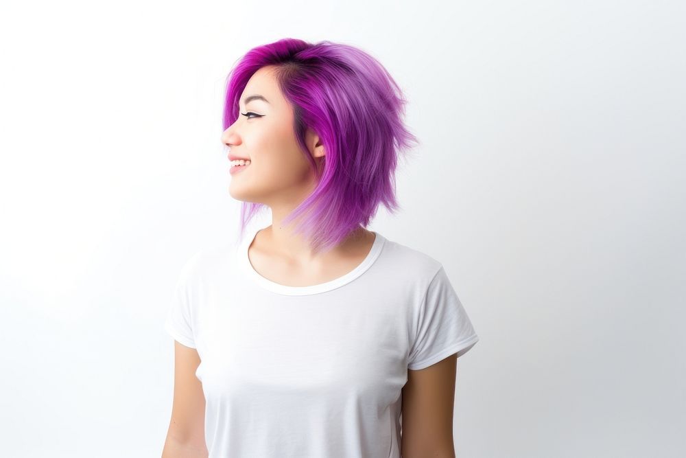 Woman in white t-shirt purple adult hair.