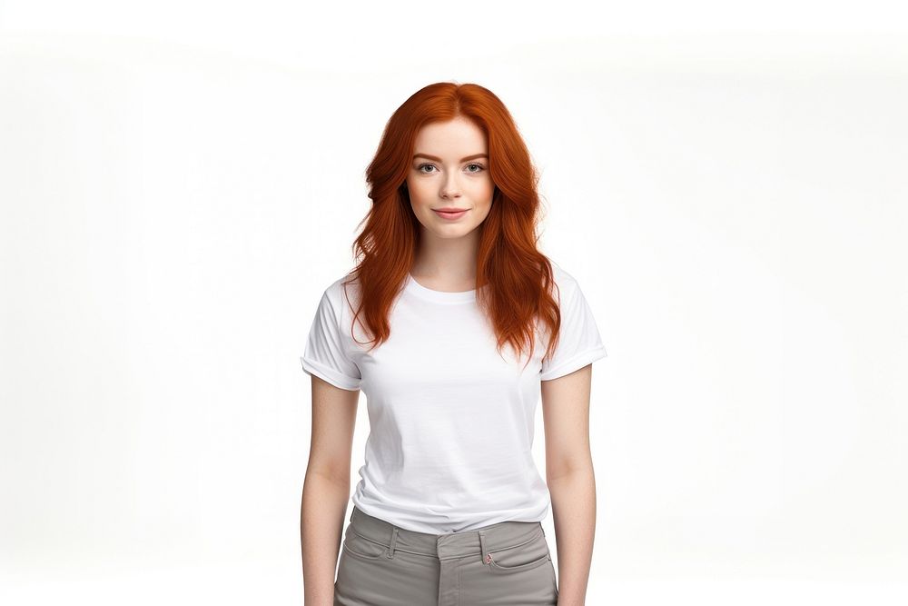 Woman in white t-shirt portrait sleeve blouse.