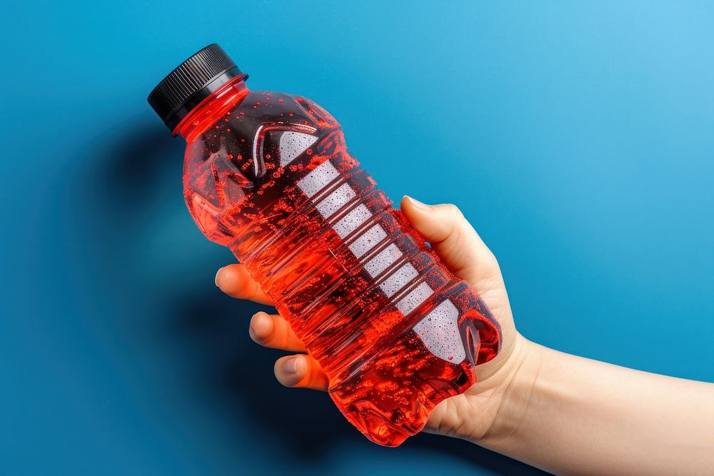 Hand holding color bottle hand refreshment container.