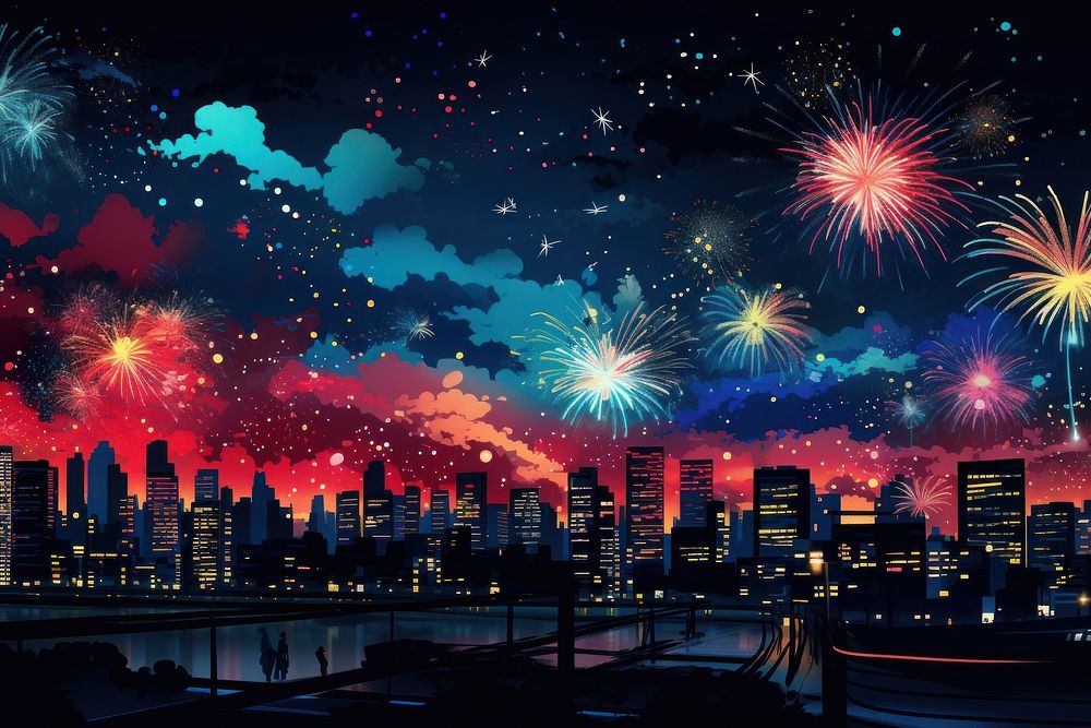 Fireworks cityscape night architecture. AI generated Image by rawpixel.