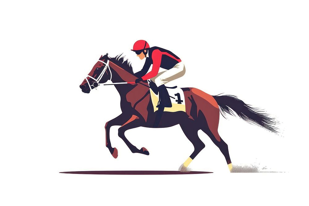 Jockey riding racehorse on a fast speed mammal animal helmet.