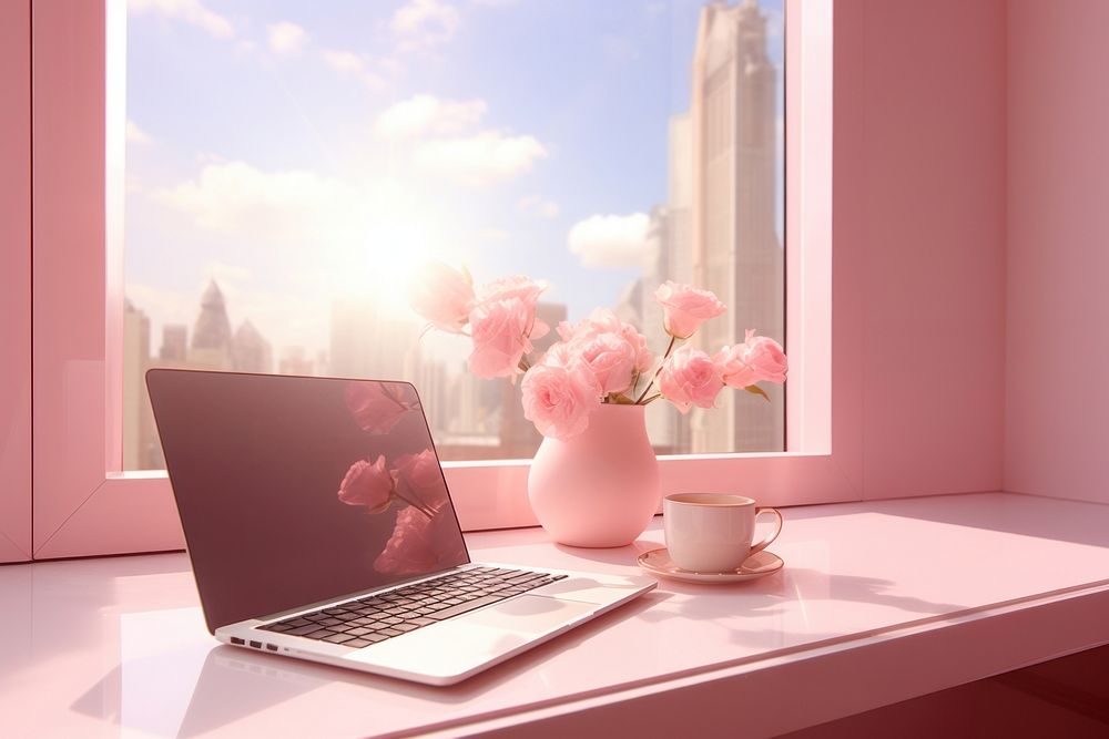  Pink windowsill furniture computer. AI generated Image by rawpixel.