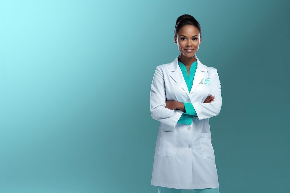 African female doctor looking up with arms crossed stethoscope physician scientist.