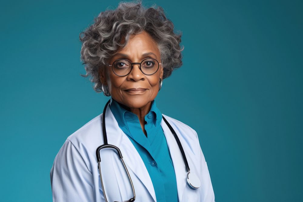African Old women doctor looking up with arms crossed glasses adult stethoscope.