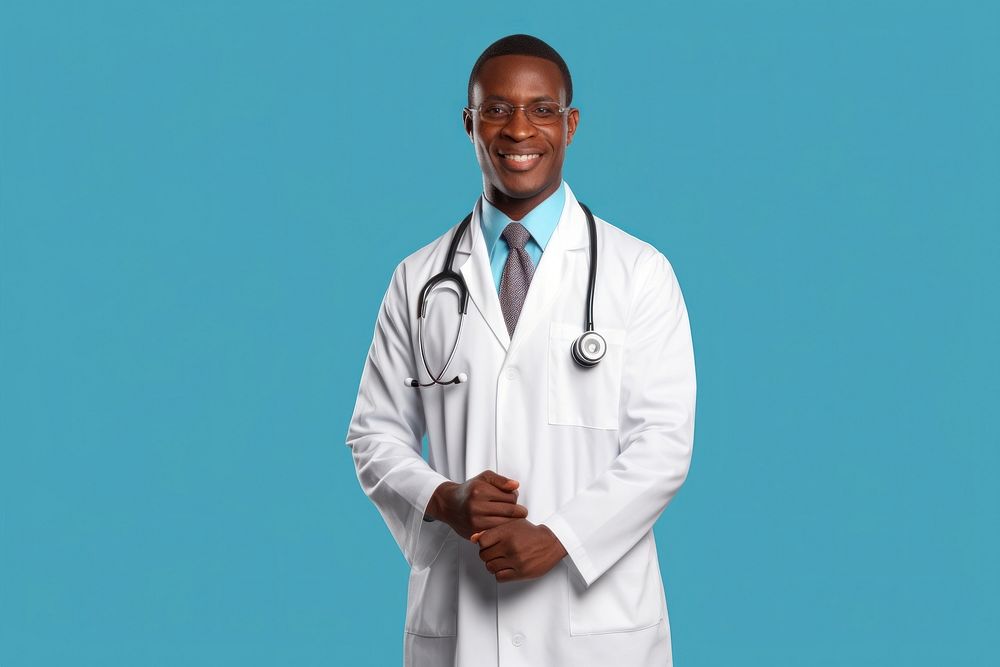 African Male doctor looking up with arms crossed adult male stethoscope.