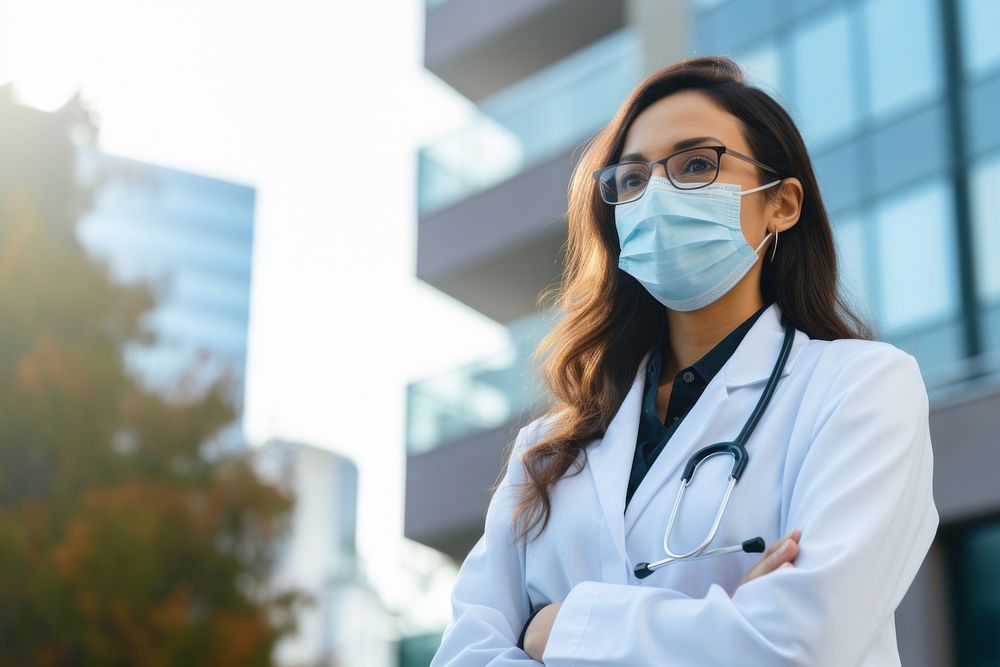 Female doctor looking up with arms crossed adult architecture stethoscope.