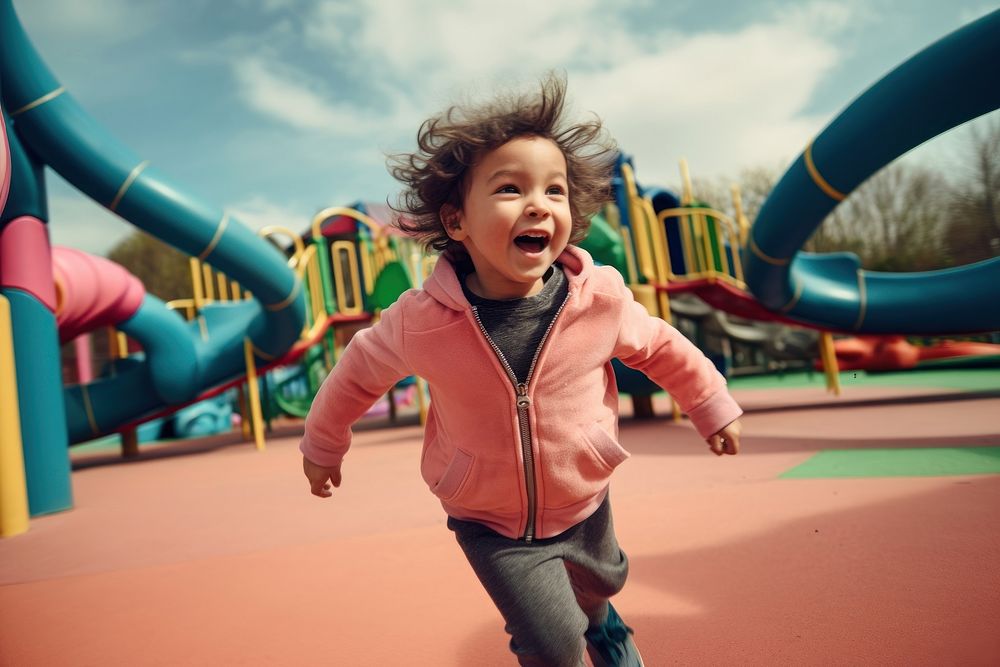 Kid running at playground outdoors portrait photo.