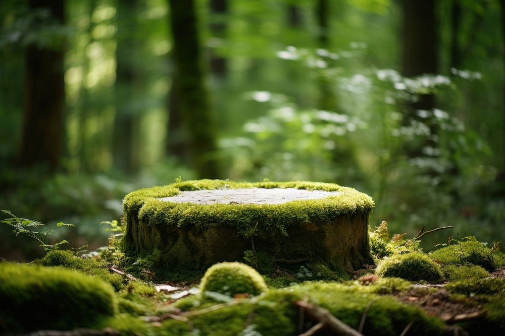 Stone podium with moss forest vegetation woodland.