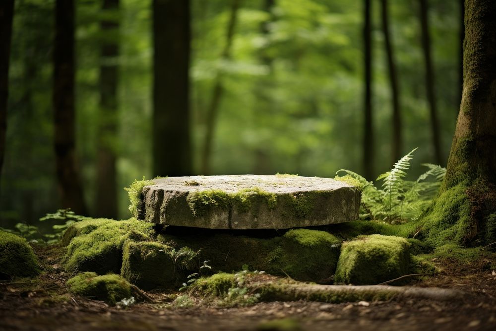 Stone podium with moss forest outdoors woodland.