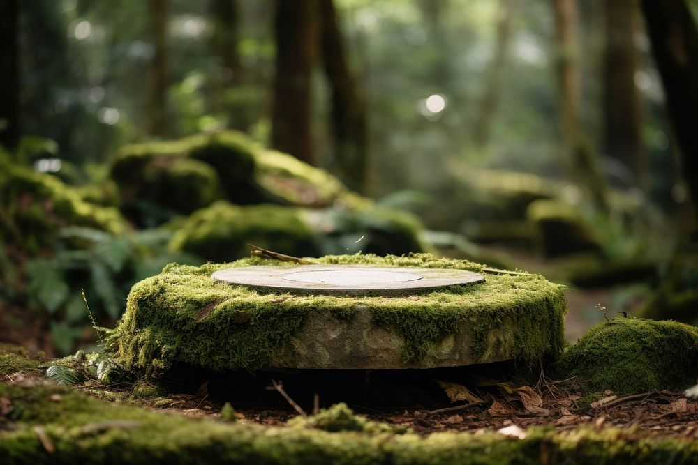 Stone podium with moss forest woodland outdoors.