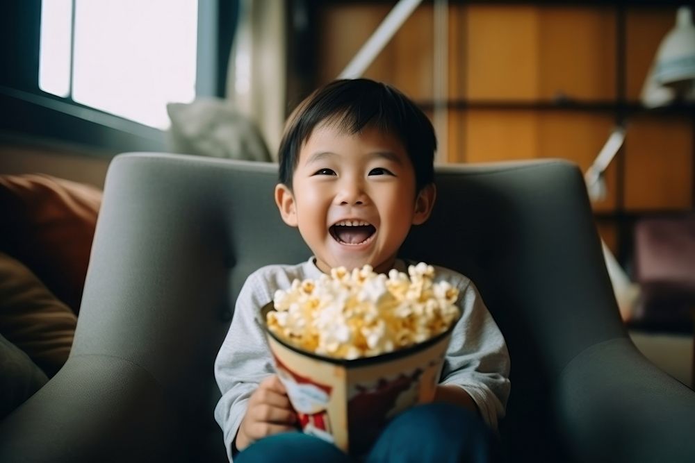 Asian boy holding popcorn smiling sitting face. AI generated Image by rawpixel.