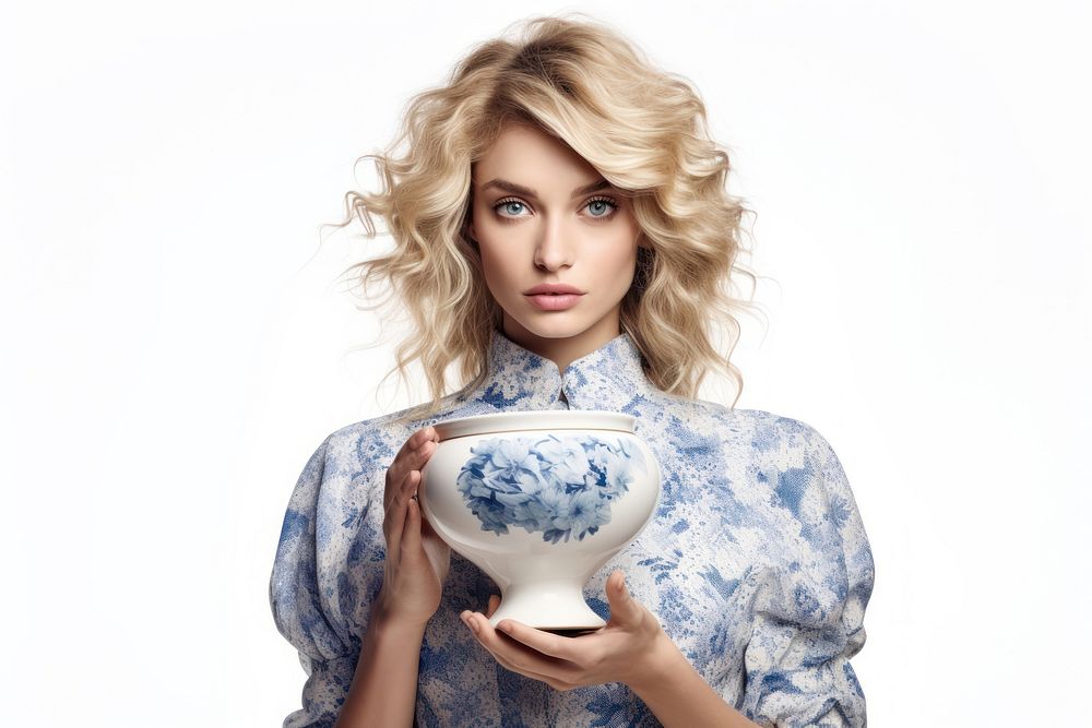 Woman holding porcelain vase portrait blonde adult.