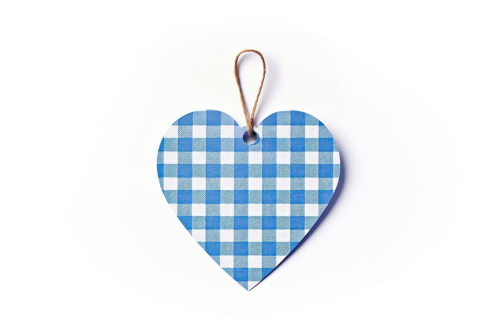 Blue checked pattern heart shaped paper gift tag white background celebration accessories.