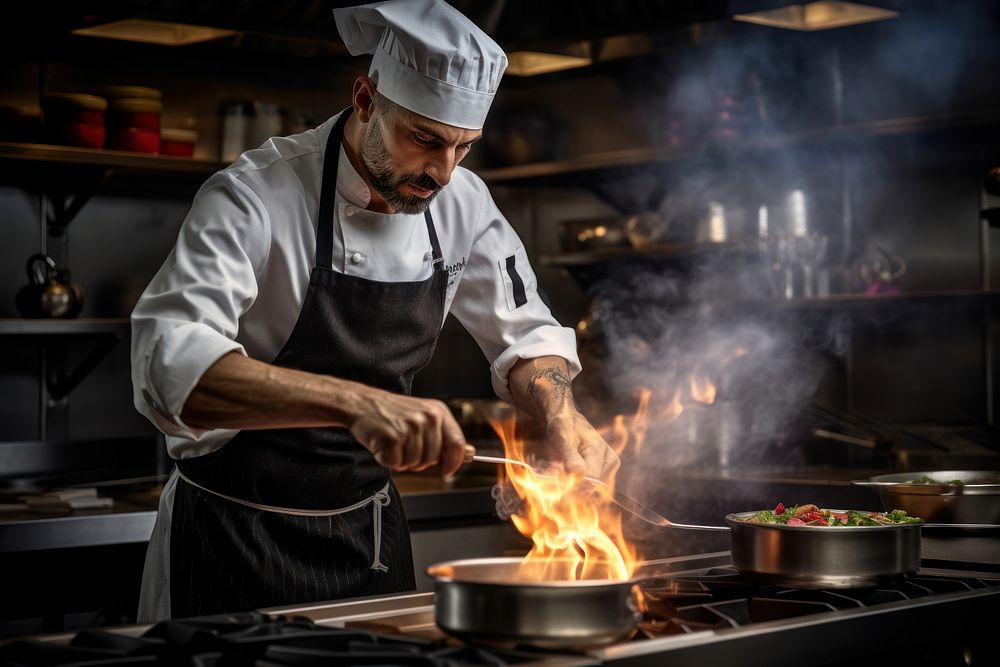 Chef cooking kitchen concentration protection. AI generated Image by rawpixel.