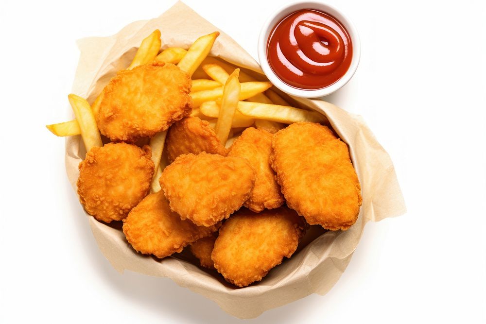 Chicken nuggets ketchup food white background.