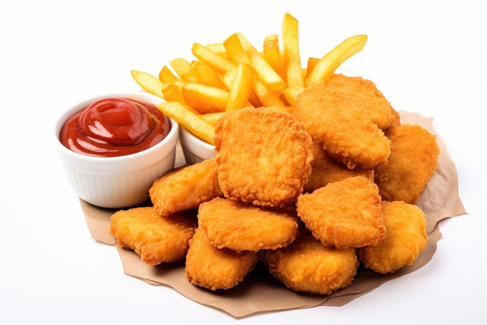 Chicken nuggets ketchup food white background.