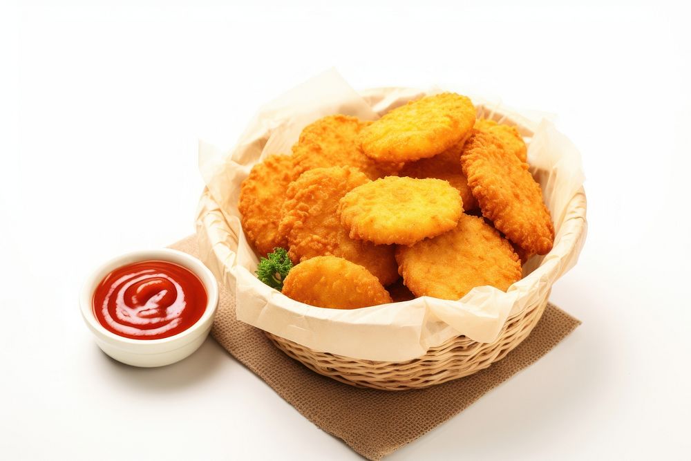 Chicken nuggets ketchup basket food.