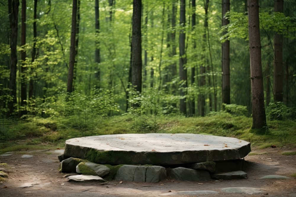 Stone podium in the forest outdoors woodland nature.
