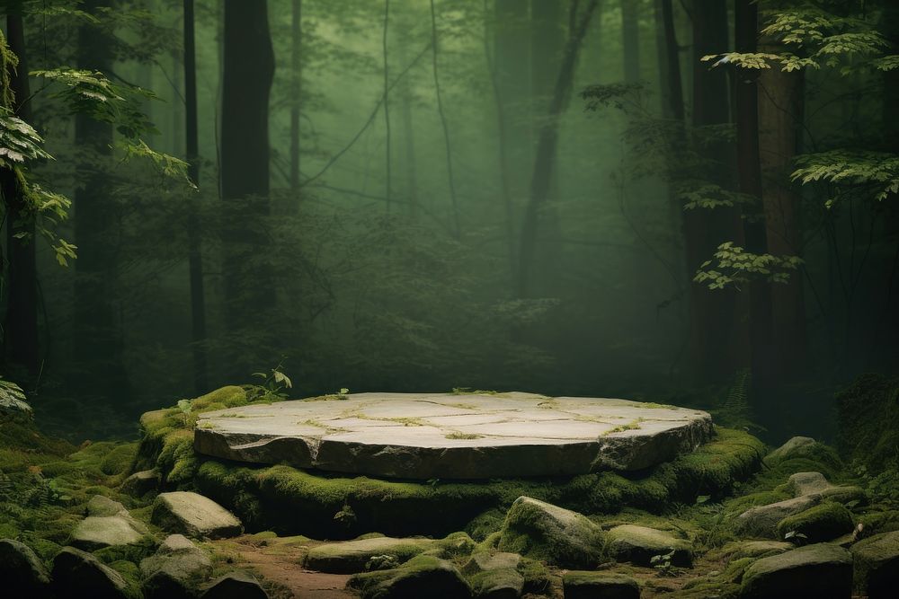 Stone podium in the magical forest woodland outdoors nature.
