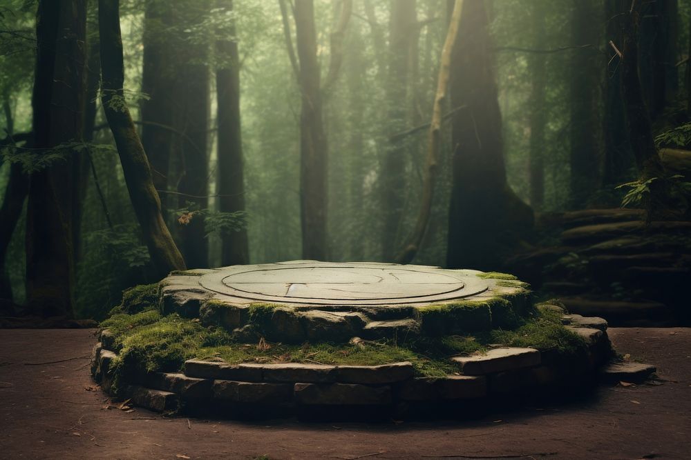 Stone podium in the magical forest woodland outdoors nature.