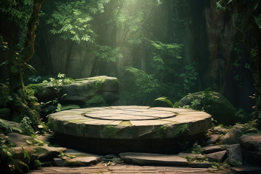 Stone podium in the magical forest outdoors woodland nature.