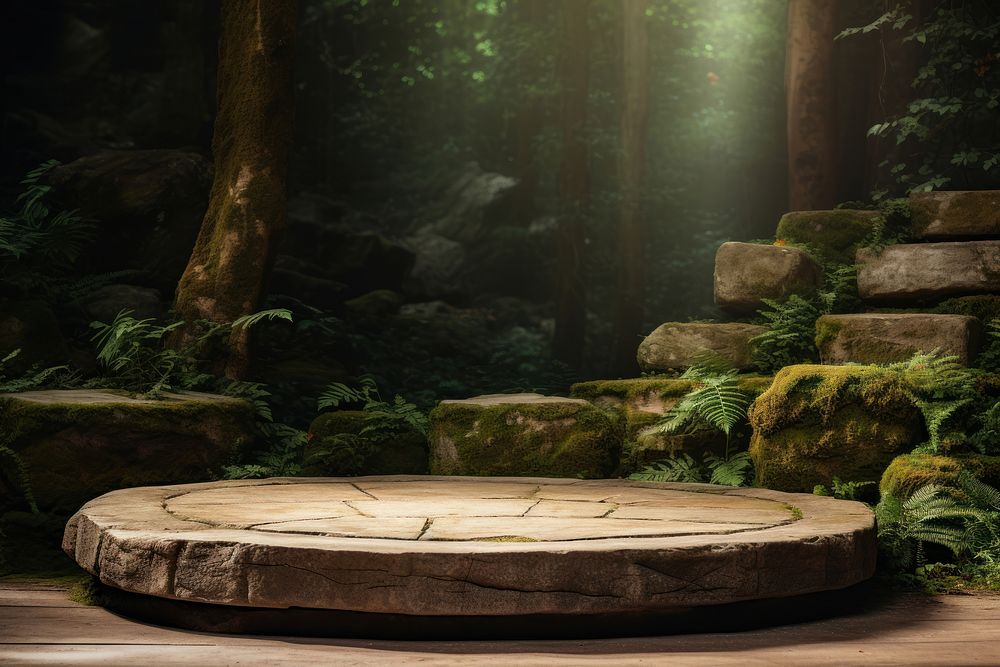 Stone podium in the magical forest outdoors woodland nature.