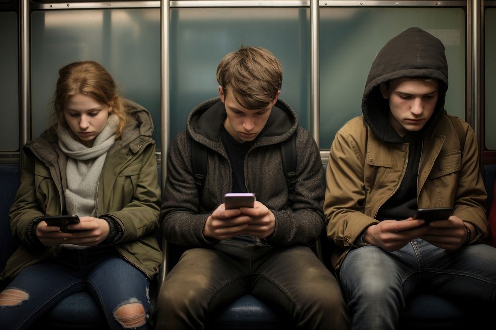 Friends using smartphones adult sitting togetherness. AI generated Image by rawpixel.