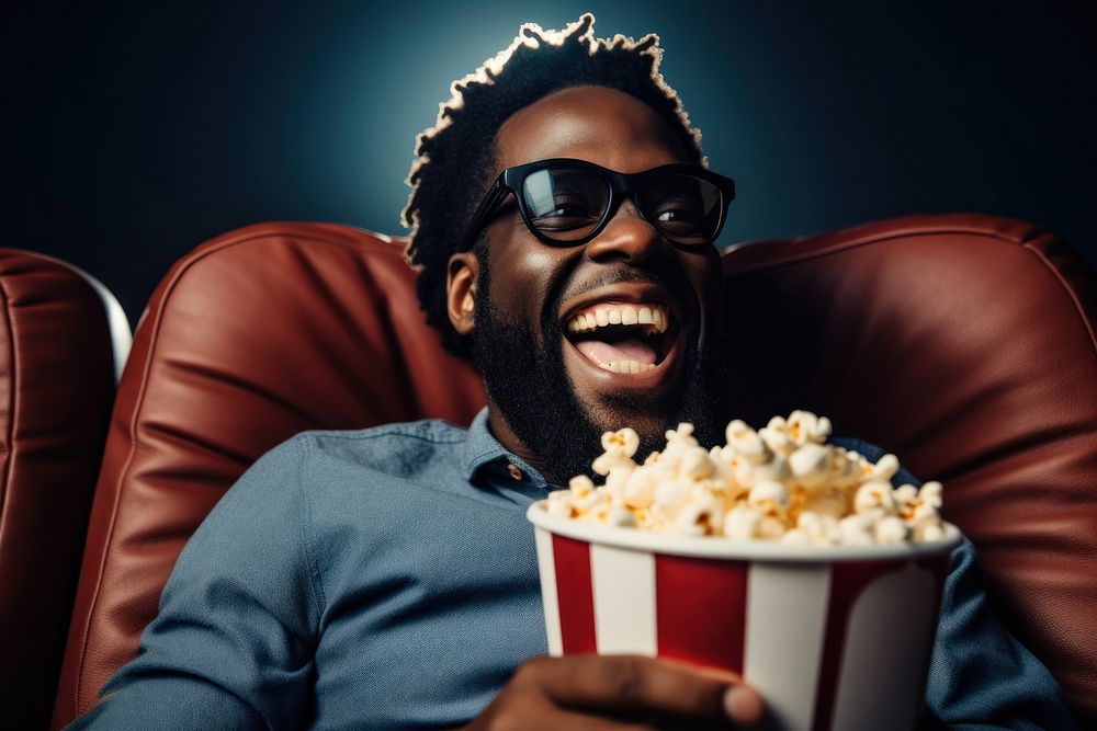 Man holding popcorn sitting adult head. AI generated Image by rawpixel.