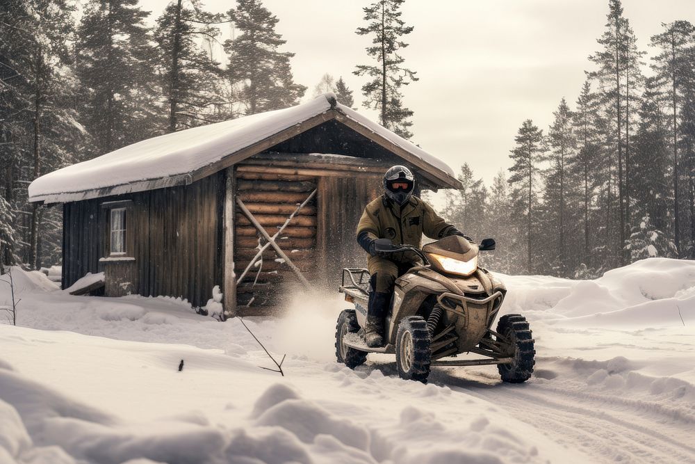Man on snowmobile architecture building outdoors.