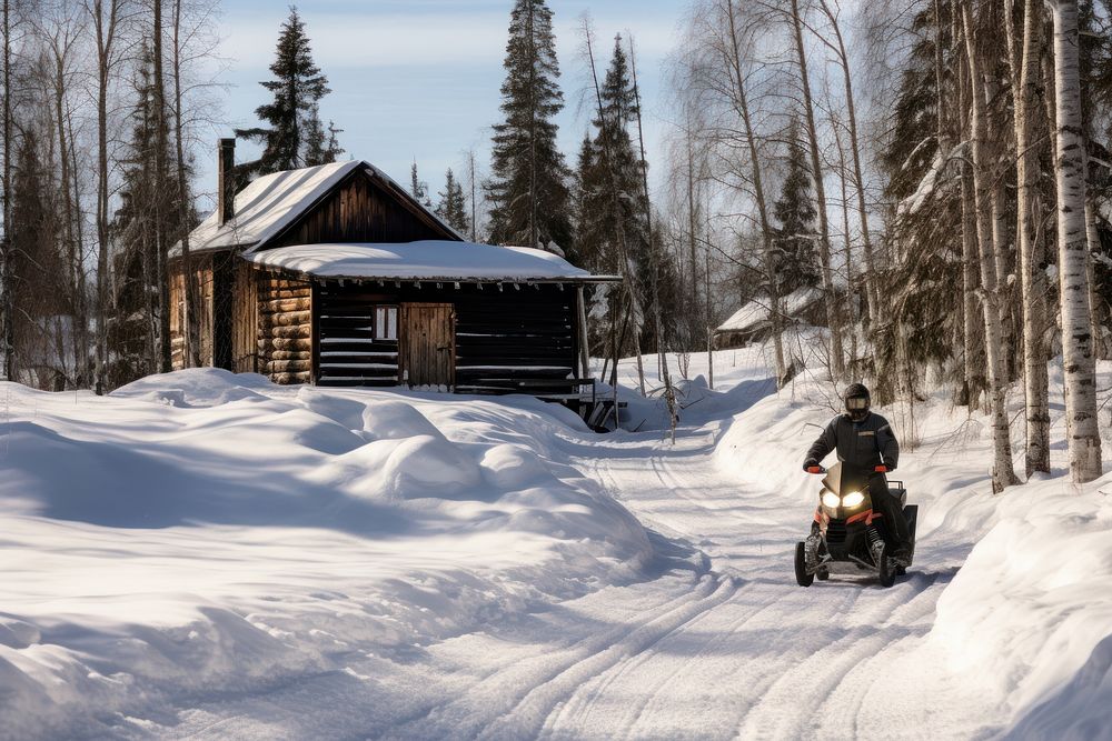 Man on snowmobile architecture building outdoors.