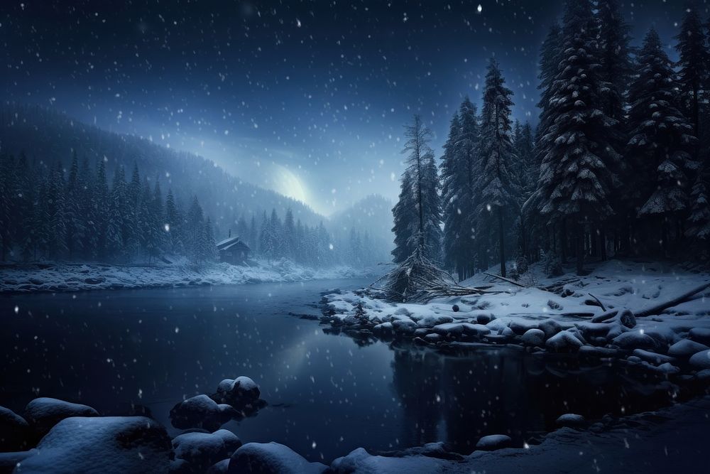 Night winter view landscape panoramic outdoors.