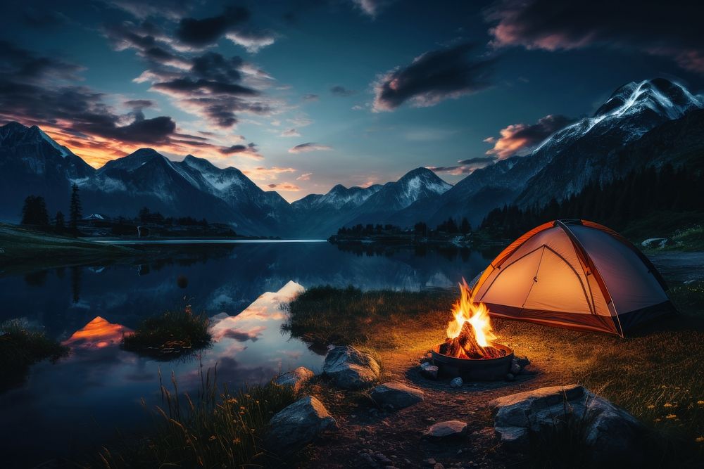 Camping outdoors bonfire scenery.