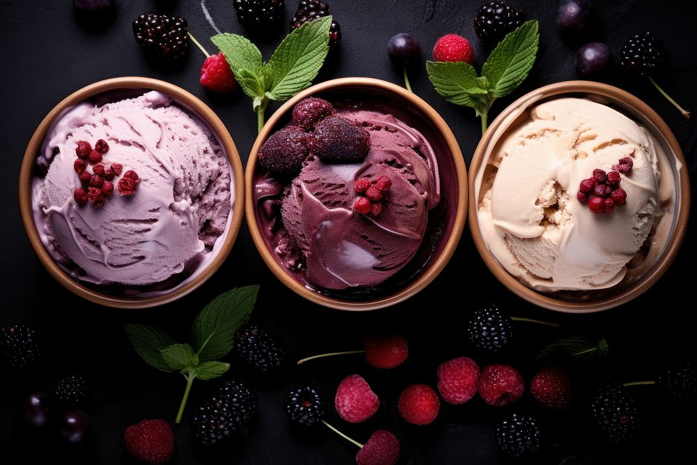 Ice cream berry chocolate dessert.