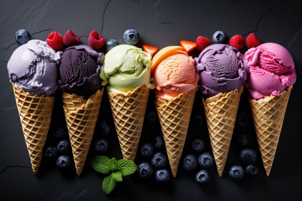 Ice cream strawberry blueberry dessert.