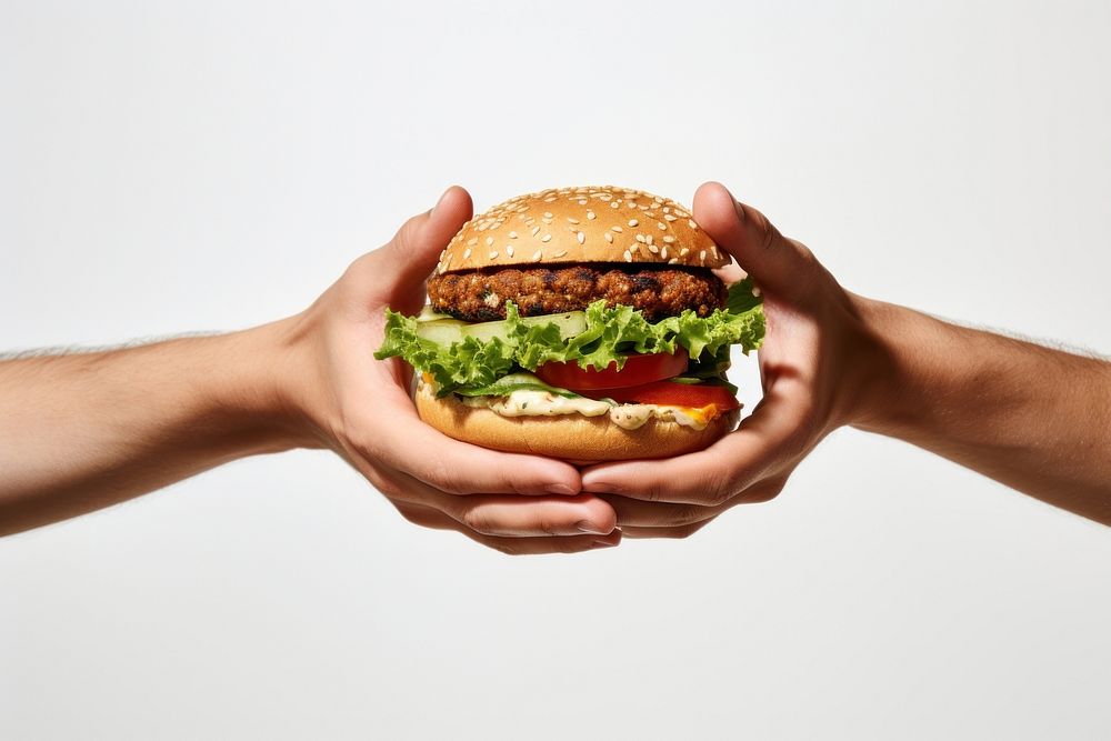 Burger holding food hand.