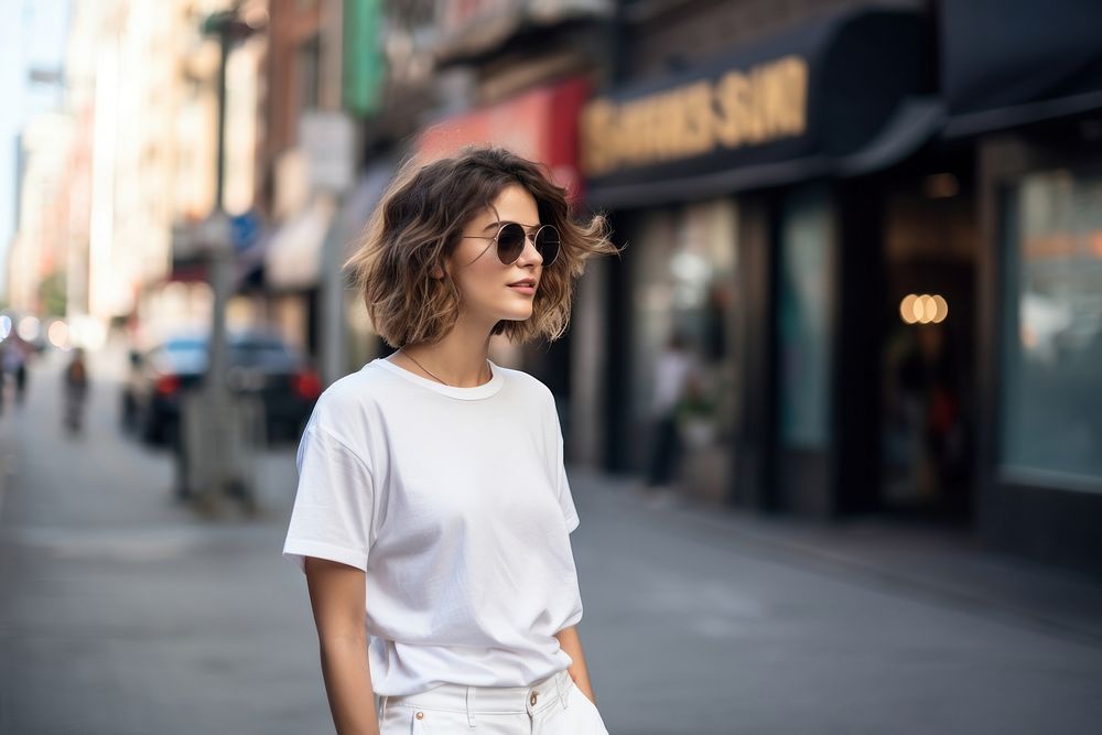 Woman in white t-shirt sunglasses street transportation.