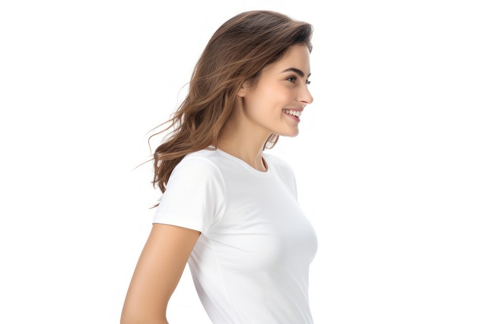 Woman in white t-shirt portrait smile adult.