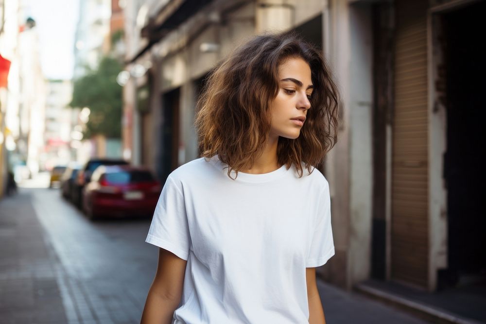 Woman in white t-shirt sleeve street adult.