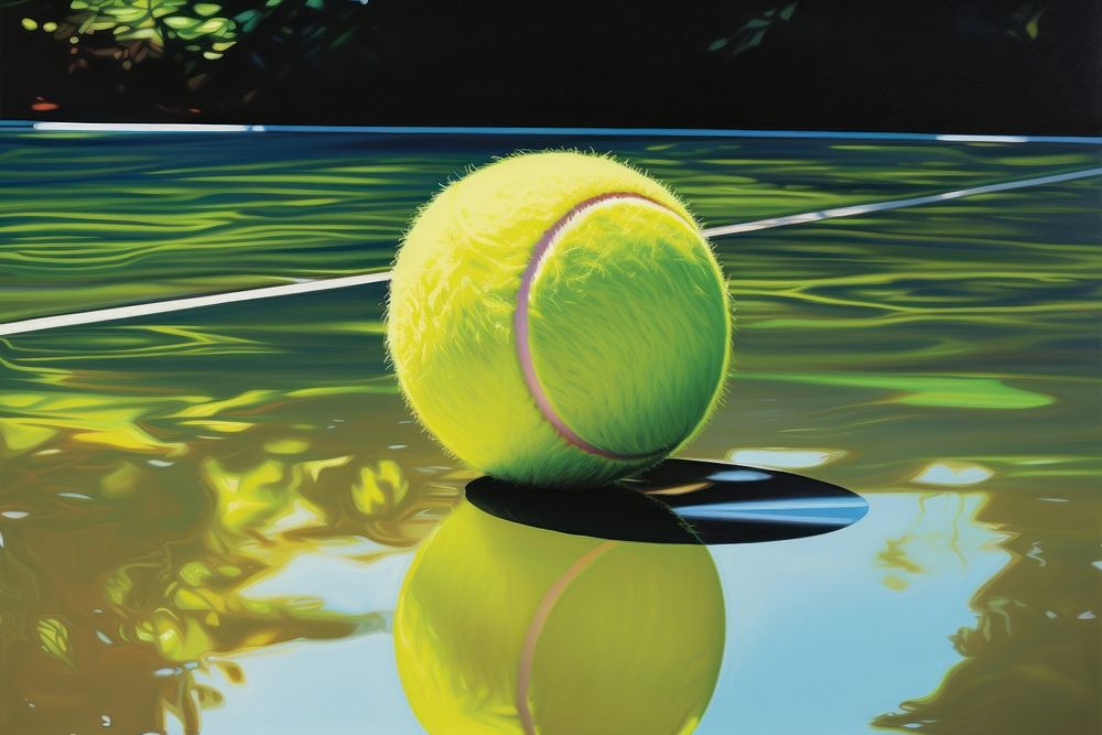 1970s Airbrush Art of a tennis ball on ground sports reflection painting.