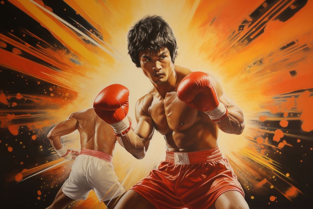 1970s Airbrush Art of a thai man boxing punching sports adult.