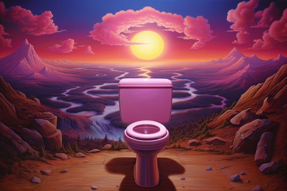 1970s Airbrush Art of a toilet bathroom restroom outdoors.