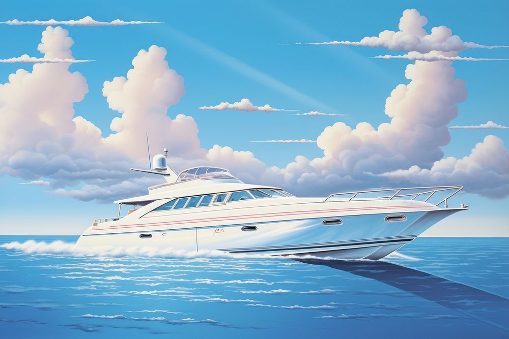 1970s Airbrush Art of a white yacht vehicle boat blue.