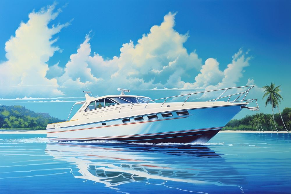 1970s Airbrush Art of a white yacht vehicle boat blue.