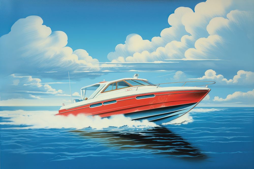 1970s Airbrush Art of a white yacht vehicle boating blue.